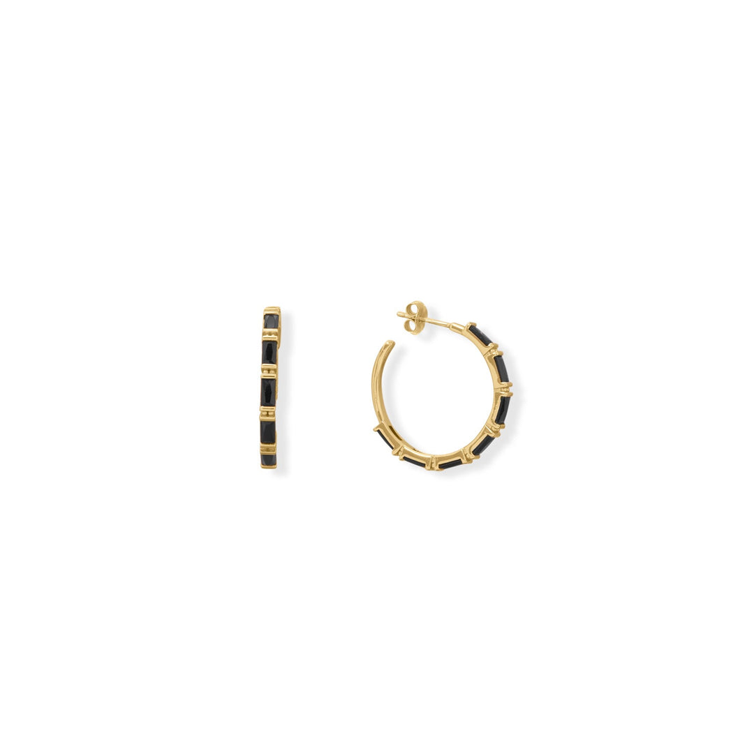 Sterling Silver Gold Plated Black Baguette CZ Hoop Earrings - Identity Diamonds