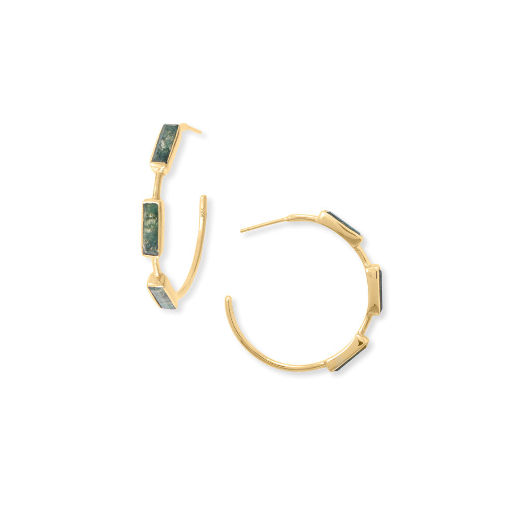 Sterling Silver Gold Plated Moss Agate Hoop Earrings - Identity Diamonds