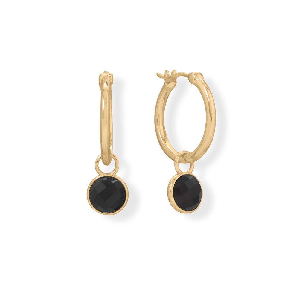 Sterling Silver Gold Plated Hoop Earrings with Faceted Black Onyx Charm