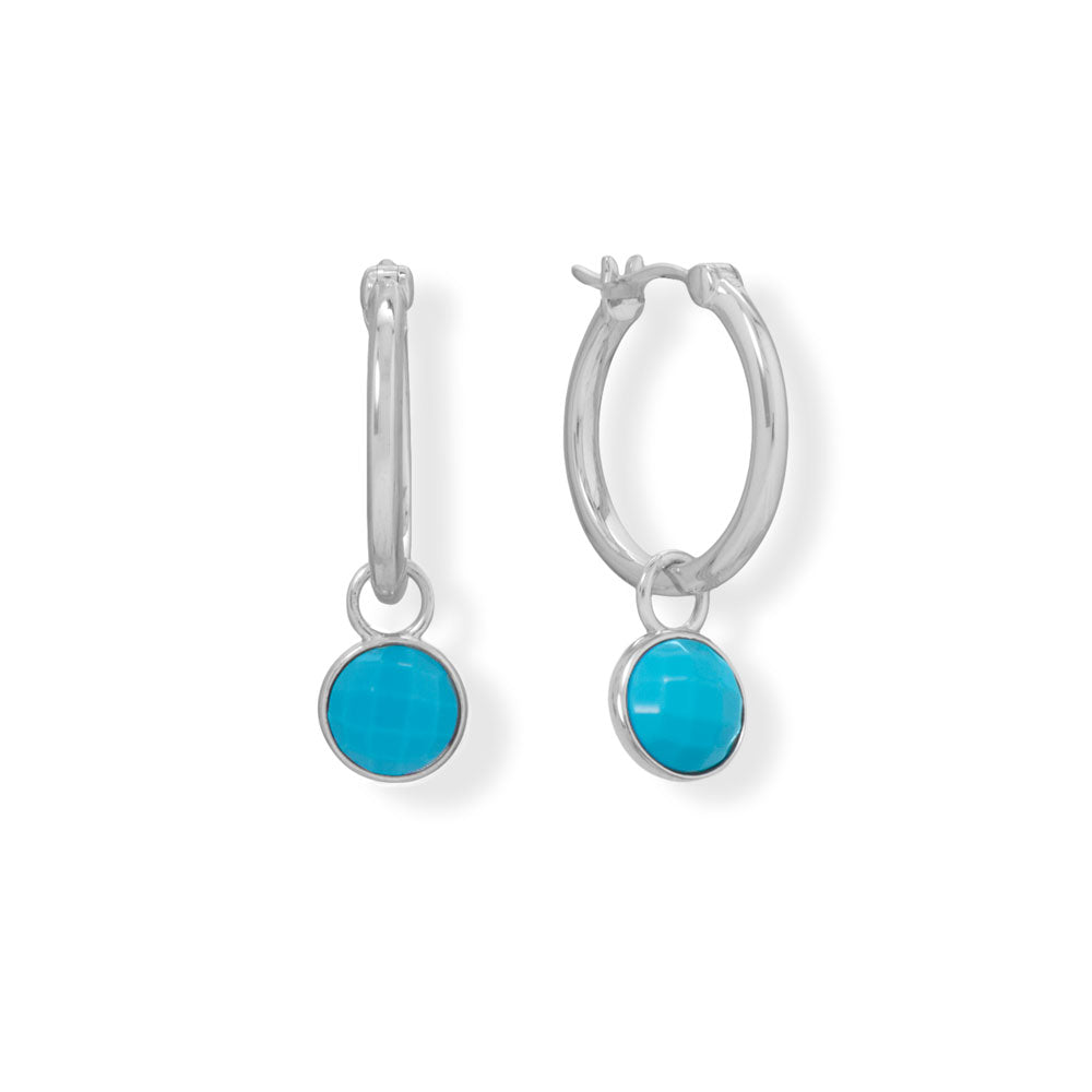 Sterling Silver Rhodium Plated Hoop Earrings with Faceted Turquoise Charm