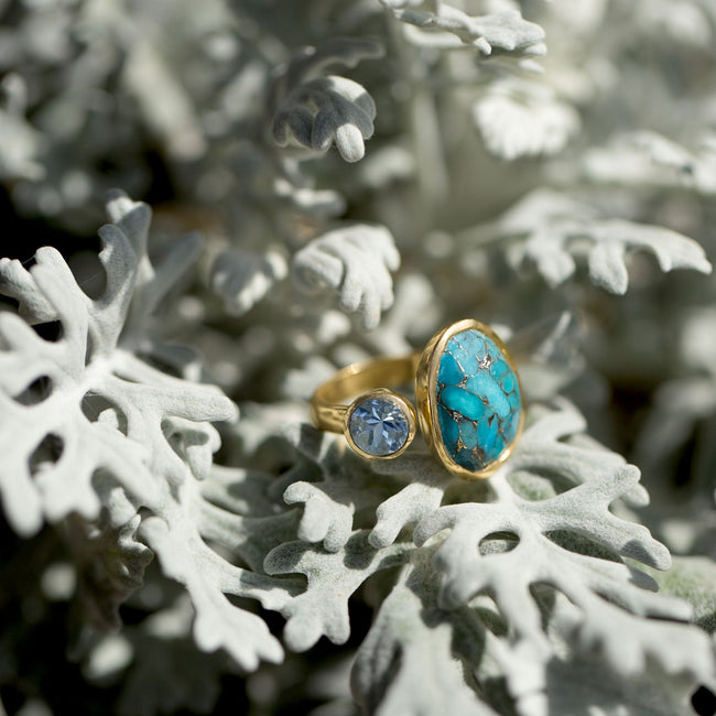Sterling Silver Gold Plated Turquoise and Blue Topaz Ring