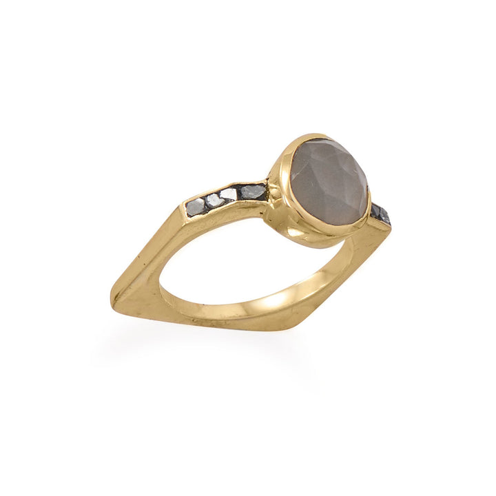 Sterling Silver Gold Plated Grey Moonstone and Diamond Chip Ring - Identity Diamonds