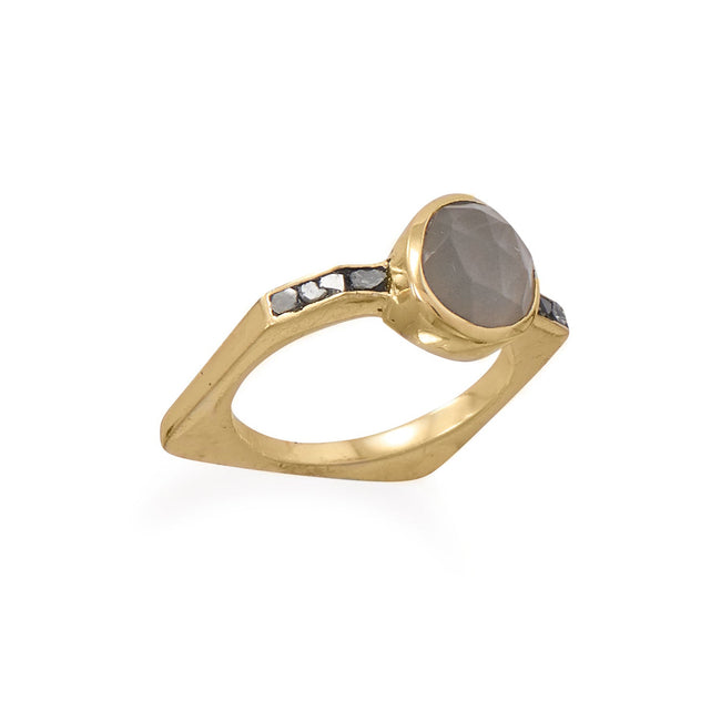 Sterling Silver Gold Plated Grey Moonstone and Diamond Chip Ring