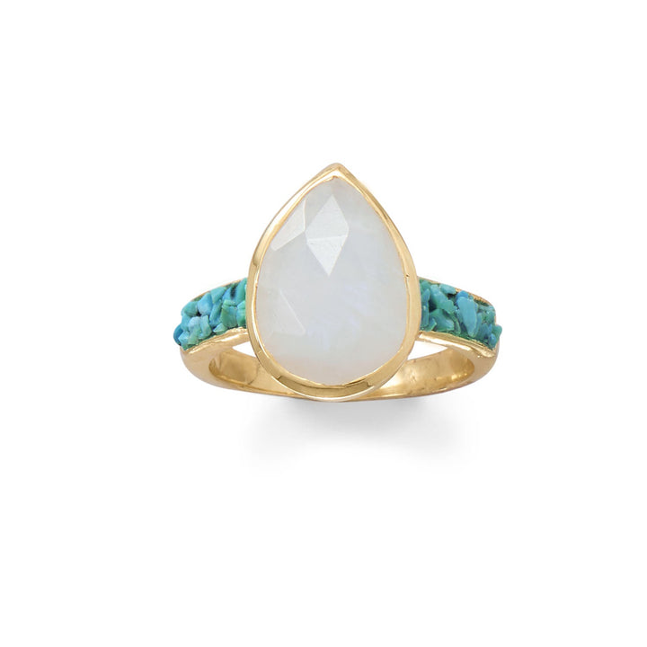 Sterling Silver Gold Plated Rainbow Moonstone and Turquoise Ring