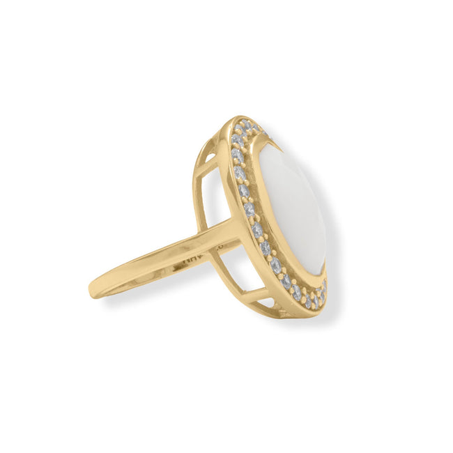 Sterling Silver Gold Plated White Agate and CZ Cocktail Ring